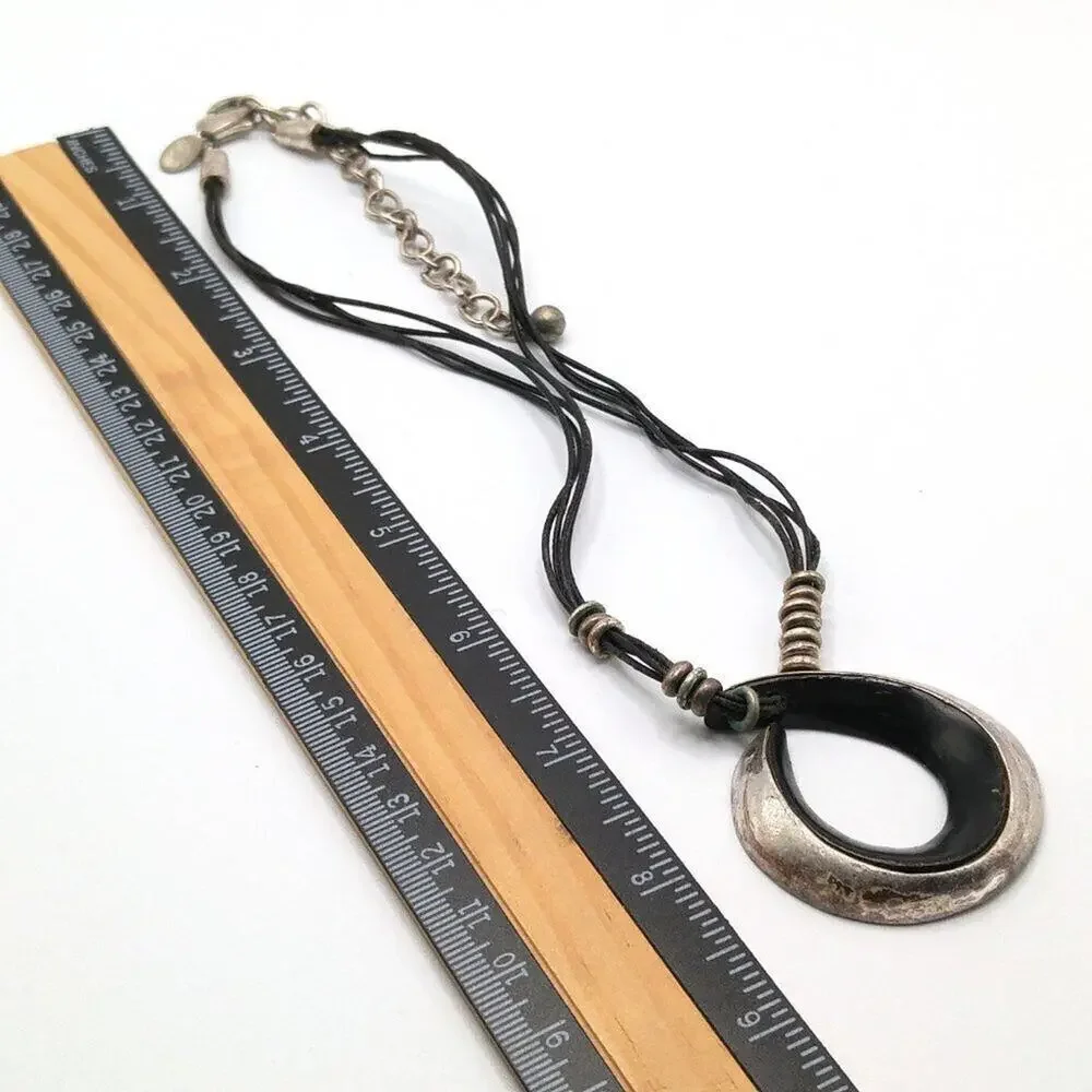 Chico's Black Enamel Pendant Necklace, Four Faux Leather Cords, Silver Tone Bead